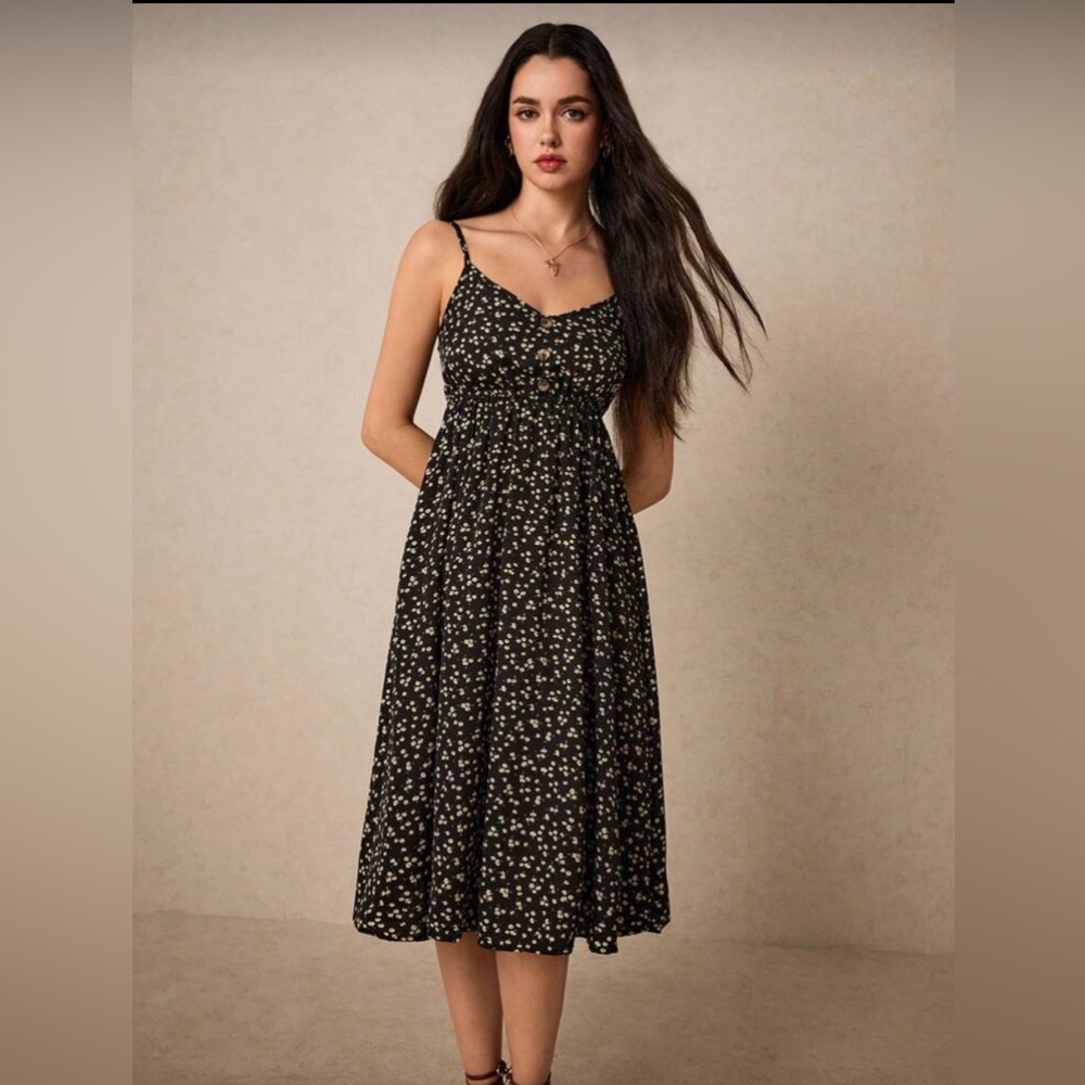 SHEIN Black Floral Midi Dress